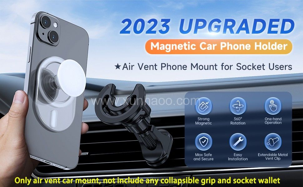 Magnetic Air Vent Car Mount for Socket Grip, [Upgraded Vent Hook] Universal  Car Vent Phone Mount for Pop Grip, 360 Rotation Magnetic Car Socket Mount Works with Socket wallet-Compatible with iPhone